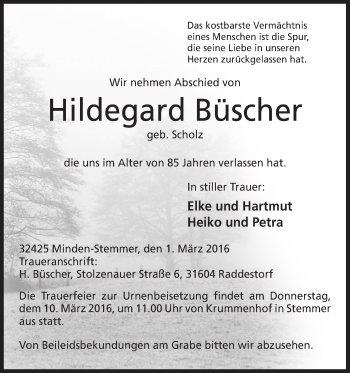 Anzeige von Hildegard Büscher von Mindener Tageblatt