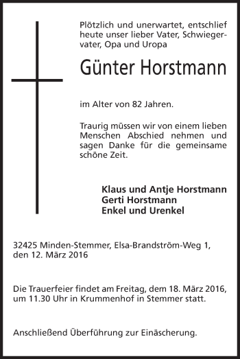 Anzeige von Günter Horstmann von Mindener Tageblatt