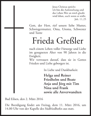 Anzeige von Frieda Greßler von Mindener Tageblatt