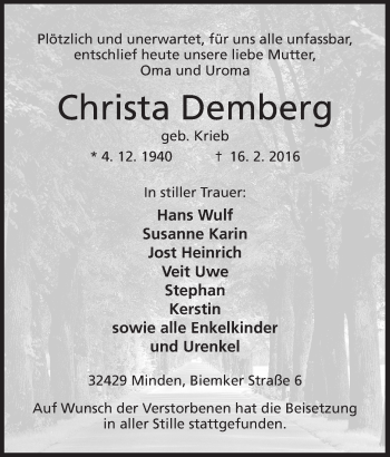 Anzeige von Christa Demberg von Mindener Tageblatt
