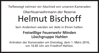 Anzeige von Helmut Bischoff von Mindener Tageblatt