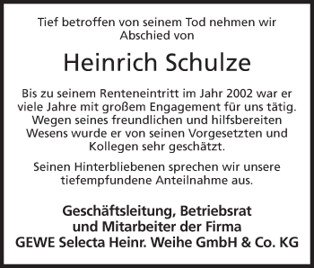 Anzeige von Heinrich Schulze von Mindener Tageblatt