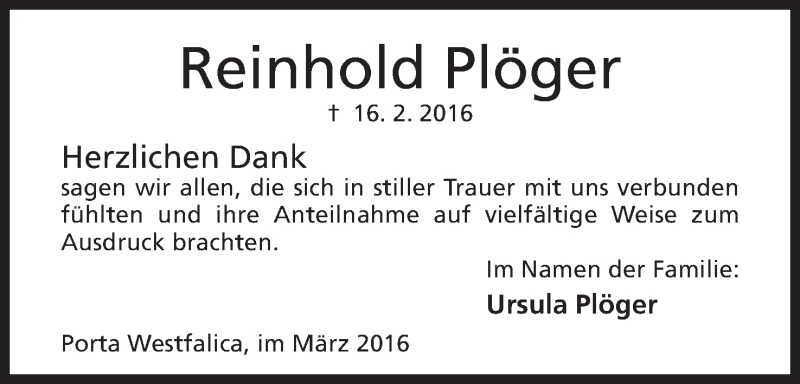  Traueranzeige für Reinhold Plöger vom 25.03.2016 aus Mindener Tageblatt