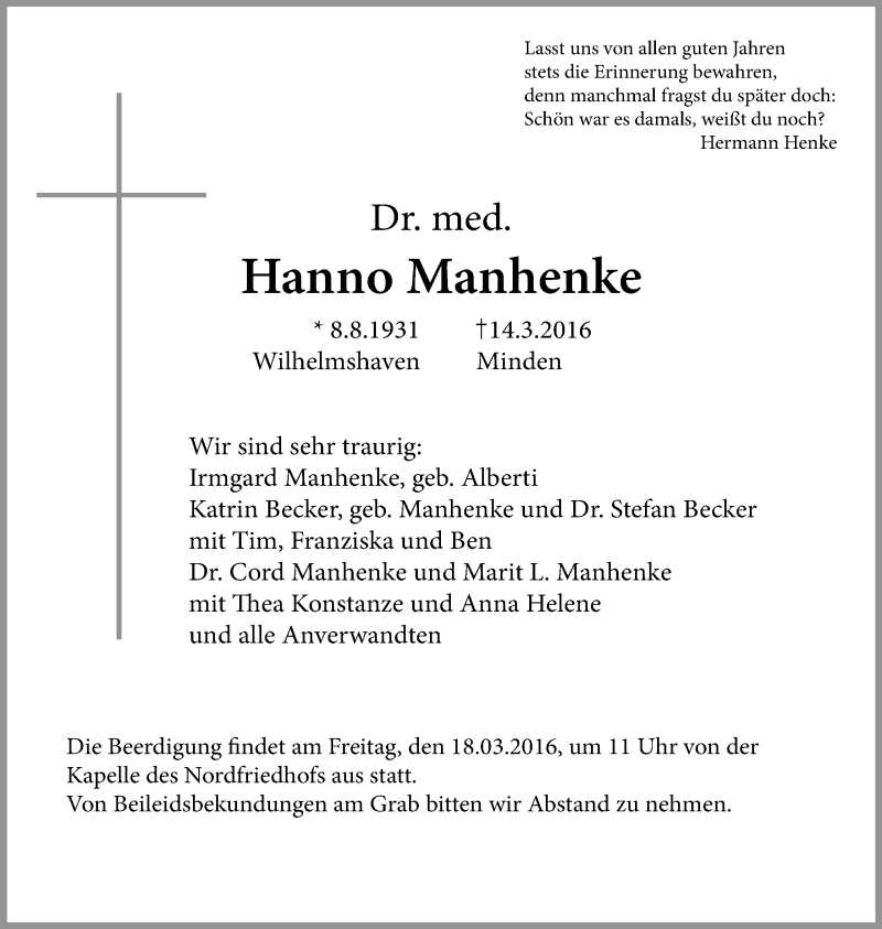  Traueranzeige für Hanno Manhenke vom 16.03.2016 aus Mindener Tageblatt