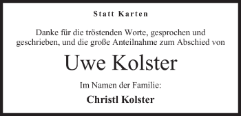 Anzeige von Uwe Kolster von Mindener Tageblatt