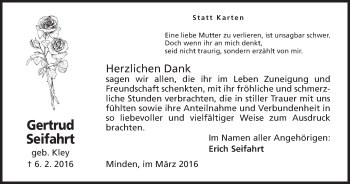 Anzeige von Gertrud Seifahrt von Mindener Tageblatt