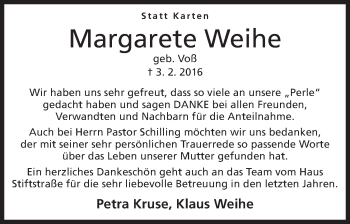 Anzeige von Margarete Weihe von Mindener Tageblatt