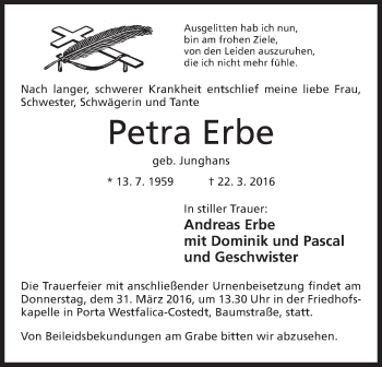 Anzeige von Petra Erbe von Mindener Tageblatt