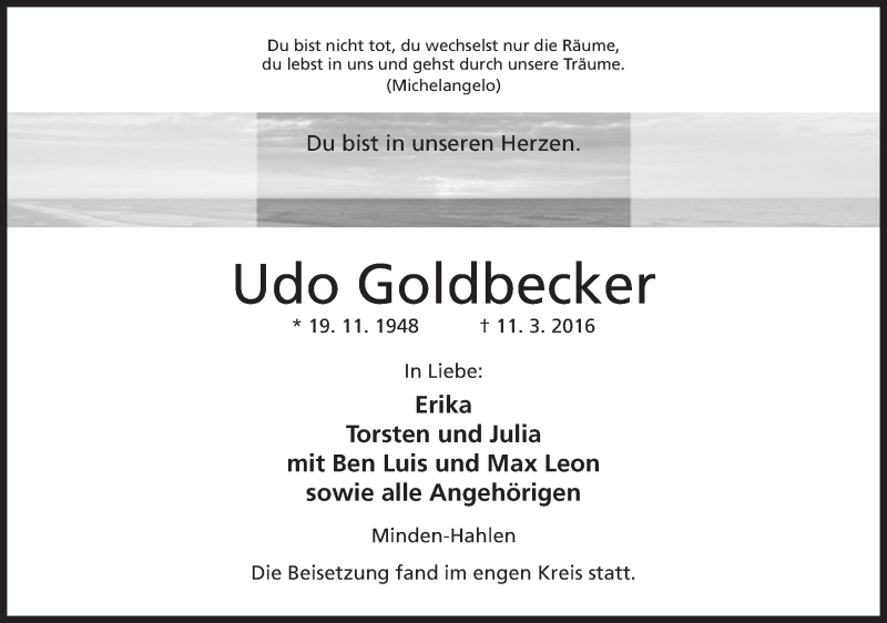  Traueranzeige für Udo Goldbecker vom 19.03.2016 aus Mindener Tageblatt