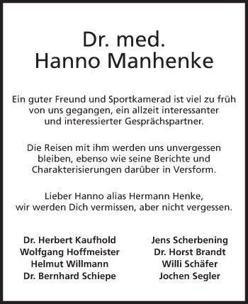 Anzeige von Hanno Manhenke von Mindener Tageblatt