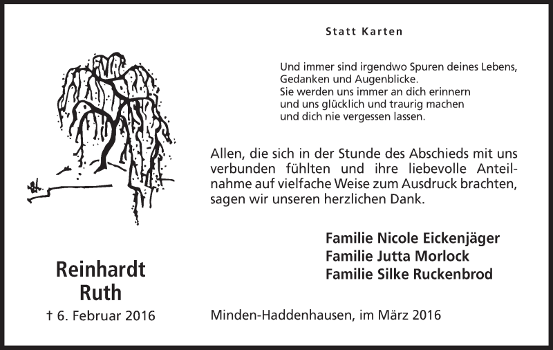  Traueranzeige für Reinhardt Ruth vom 25.03.2016 aus Mindener Tageblatt