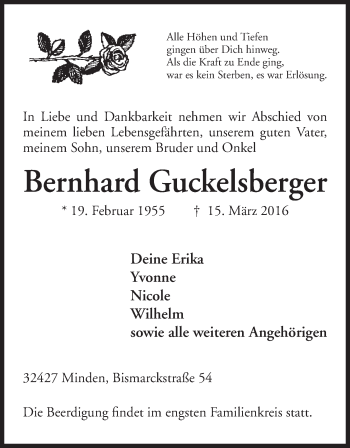 Anzeige von Bernhard Guckelsberger von Mindener Tageblatt