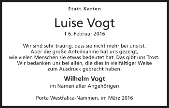 Anzeige von Luise Vogt von Mindener Tageblatt