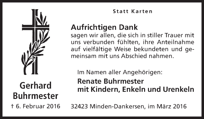  Traueranzeige für Gerhard Buhrmester vom 12.03.2016 aus Mindener Tageblatt
