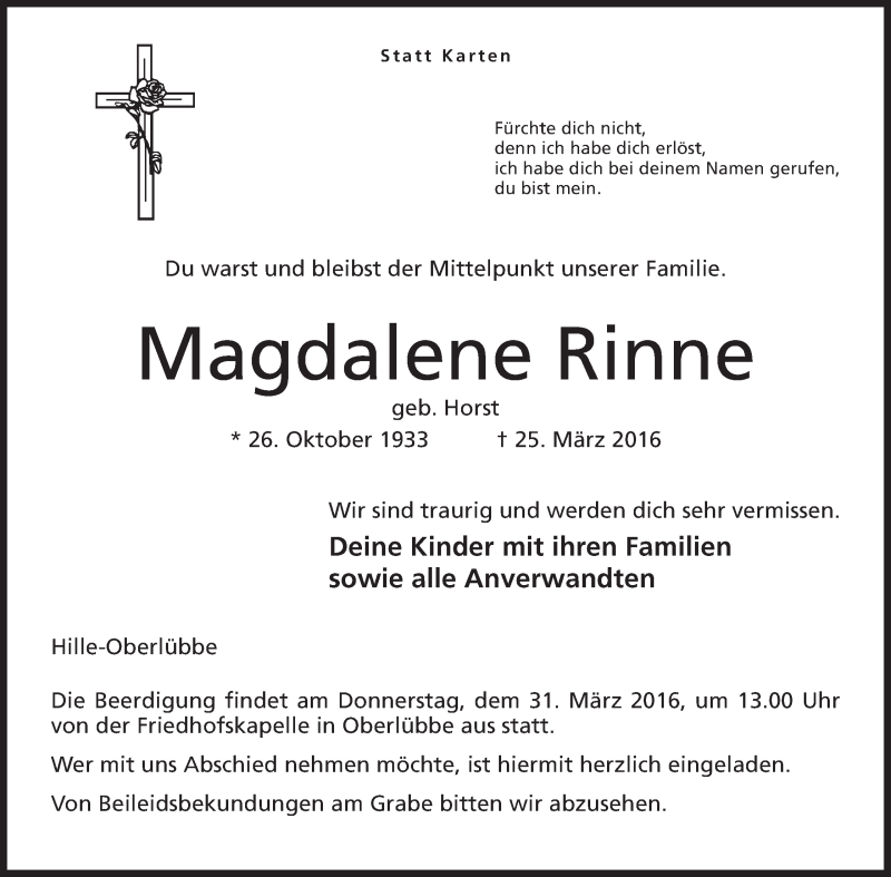  Traueranzeige für Magdalene Rinne vom 29.03.2016 aus Mindener Tageblatt