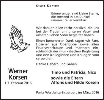 Anzeige von Werner Korsen von Mindener Tageblatt
