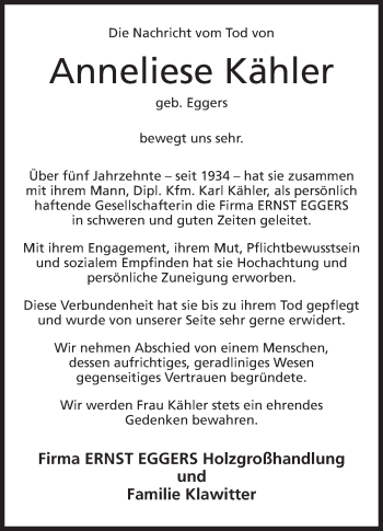 Anzeige von Anneliese Kähler von Mindener Tageblatt