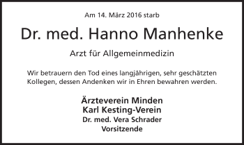 Anzeige von Hanno Manhenke von Mindener Tageblatt