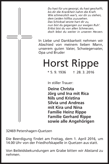 Anzeige von Horst Rippe von Mindener Tageblatt