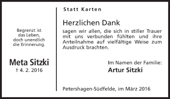 Anzeige von Meta Sitzki von Mindener Tageblatt