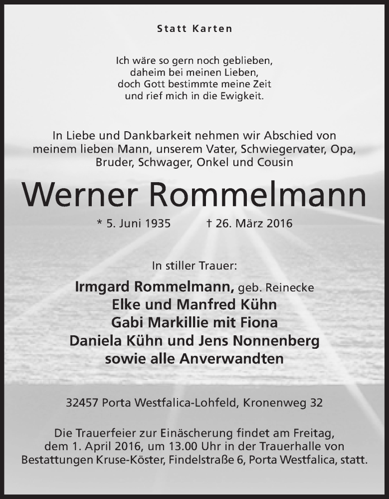  Traueranzeige für Werner Rommelmann vom 30.03.2016 aus Mindener Tageblatt