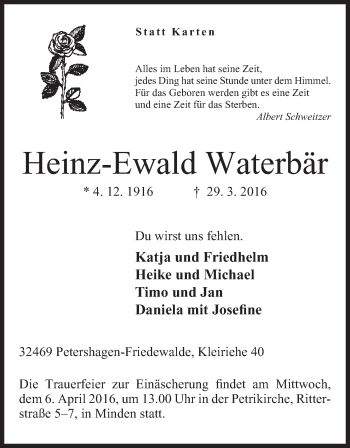 Anzeige von Heinz-Ewald Waterbär von Mindener Tageblatt