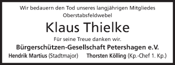 Anzeige von Klaus Thielke von Mindener Tageblatt