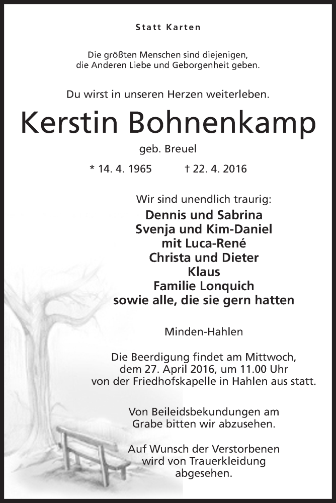  Traueranzeige für Kerstin Bohnenkamp vom 25.04.2016 aus Mindener Tageblatt