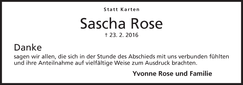  Traueranzeige für Sascha Rose vom 02.04.2016 aus Mindener Tageblatt