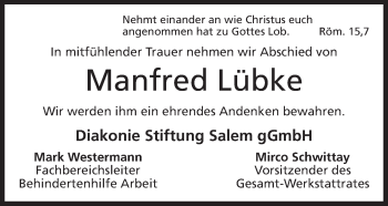 Anzeige von Manfred Lübke von Mindener Tageblatt