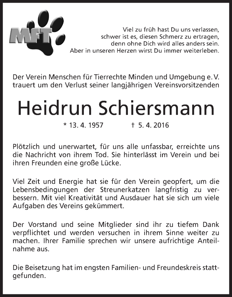 Traueranzeige für Heidrun Schiersmann vom 16.04.2016 aus Mindener Tageblatt