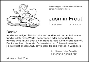 Anzeige von Jasmin Frost von Mindener Tageblatt