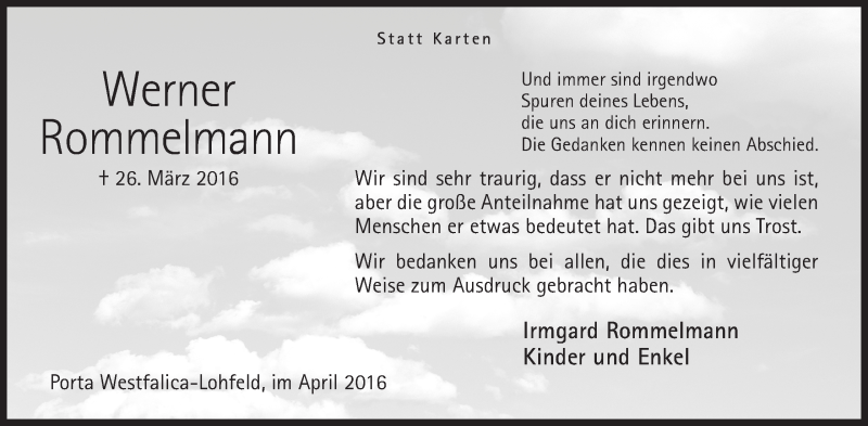  Traueranzeige für Werner Rommelmann vom 23.04.2016 aus Mindener Tageblatt