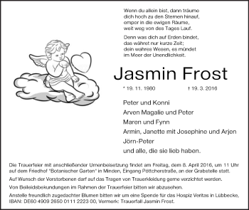 Anzeige von Jasmin Frost von Mindener Tageblatt