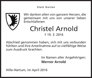 Anzeige von Christel Arnold von Mindener Tageblatt