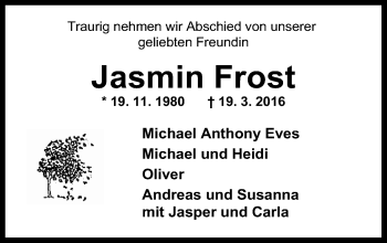 Anzeige von Jasmin Frost von Mindener Tageblatt