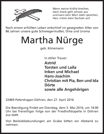 Anzeige von Martha Nürge von Mindener Tageblatt