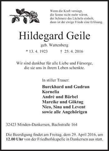 Traueranzeigen von Hildegard Geile | Trauer.MT.de