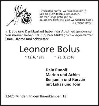 Anzeige von Leonore Bolus von Mindener Tageblatt