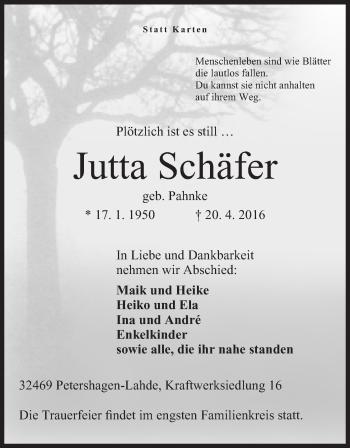 Anzeige von Jutta Schäfer von Mindener Tageblatt