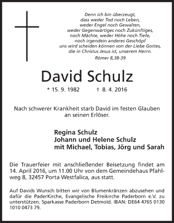 Anzeige von David Schulz von Mindener Tageblatt