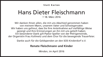 Anzeige von Hans Dieter Fleischmann von Mindener Tageblatt