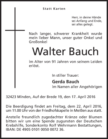 Anzeige von Walter Bauch von Mindener Tageblatt