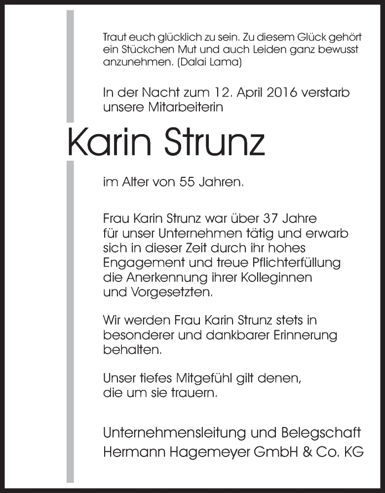  Traueranzeige für Karin Strunz vom 14.04.2016 aus Mindener Tageblatt