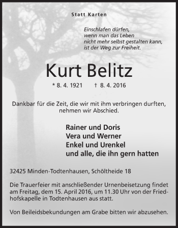Anzeige von Kurt Belitz von Mindener Tageblatt
