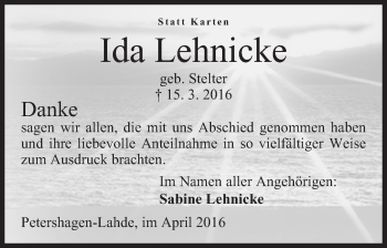 Anzeige von Ida Lehnicke von Mindener Tageblatt