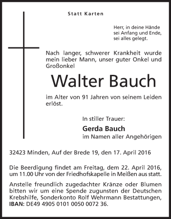 Anzeige von Walter Bauch von Mindener Tageblatt