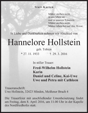 Anzeige von Hannelore Hollstein von Mindener Tageblatt