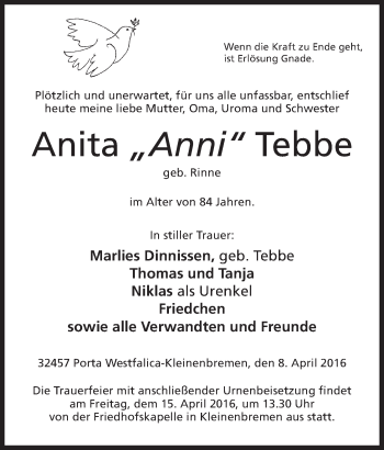 Anzeige von Anita Tebbe von Mindener Tageblatt