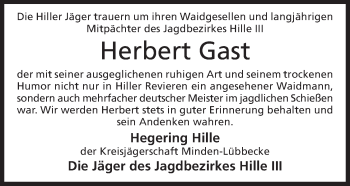 Anzeige von Herbert Gast von Mindener Tageblatt